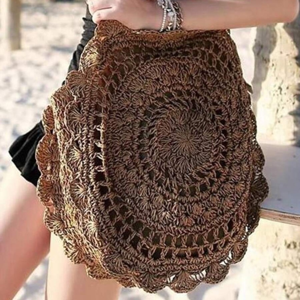 Boho Coffee Brown Straw Round Bag - Picture 6 of 7